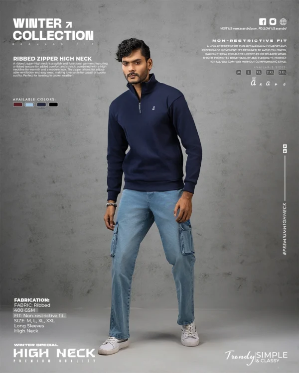 Ribbed Zipper High Neck Navy