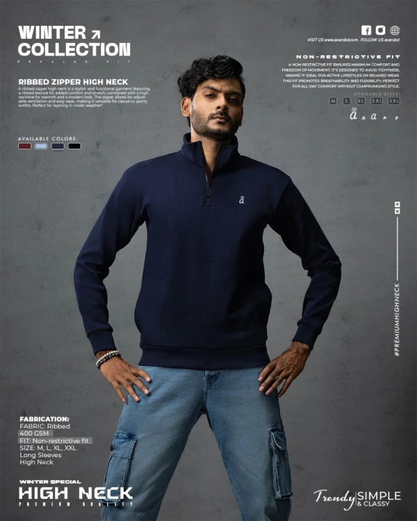 Ribbed Zipper High Neck Navy