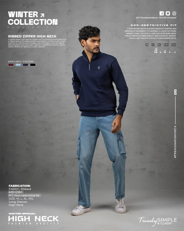 Ribbed Zipper High Neck Navy