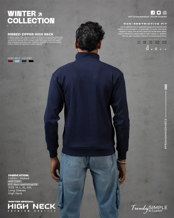 Ribbed Zipper High Neck Navy